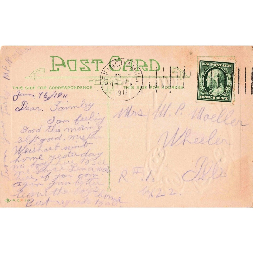 Antique 1911 Art Nouveau Steamship Postcard Romantic Poem Effingham IL Postmark - Picture 2 of 2